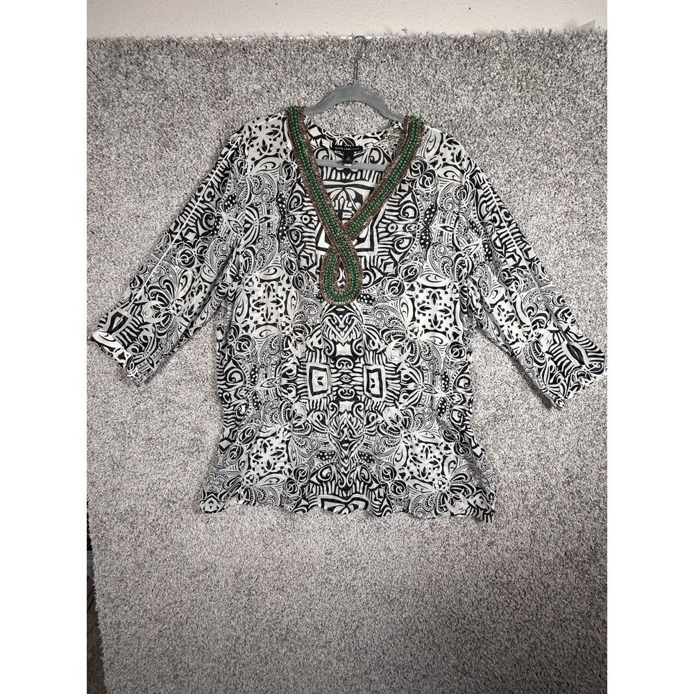 Chico's‎ Black Label Beaded Neckline Tunic Top Size 3 Black White Embellished